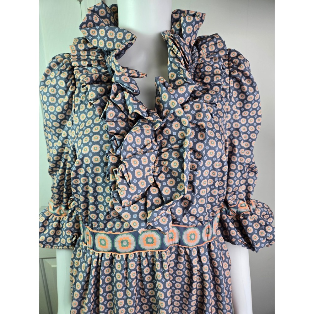 Gretchen Scott Ruffle Collar Tiered Maxi Dress‎ Blue Orange Geometric Floral S - Picture 2 of 12